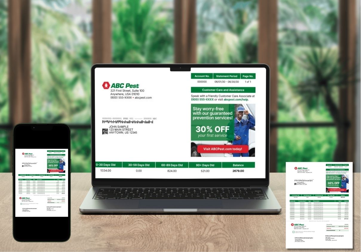 Pest control statement on computer, laptop, and sheet